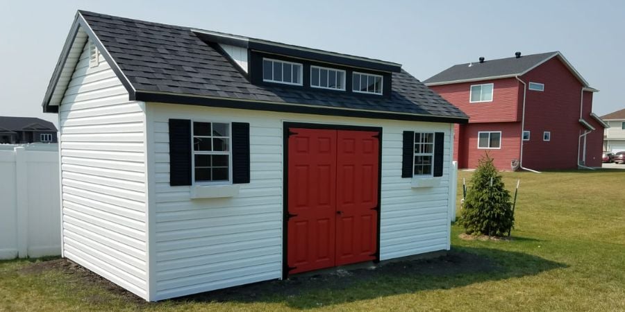 Garden shed with red door