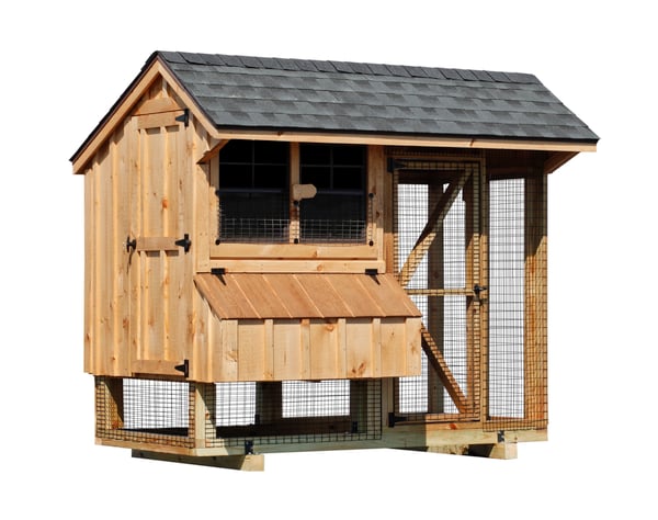 Blog_4x8 Combination With board and batten siding 4 x 4 run area 4 x 4 chicken coop area 94” high 4 nesting boxes Natural stain Charcoal shingles