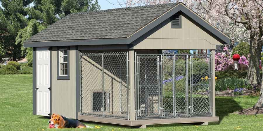 Kennel in a yard with a dog chewing on a toy