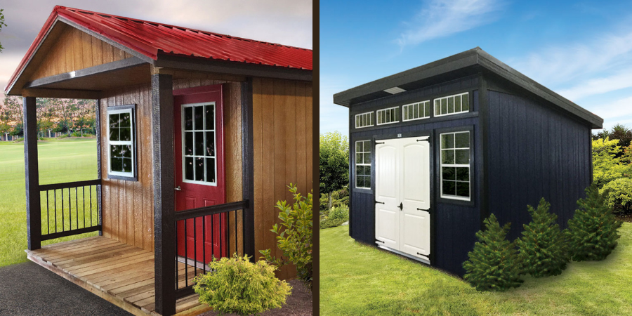 Cabin shed on the left and a modern storage shed on the right.