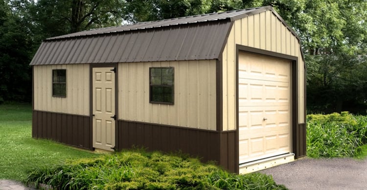 Motorcycle storage in a shed with overhead garage door