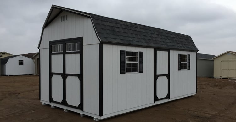 This High Barn style storage shed has a contrasting color package