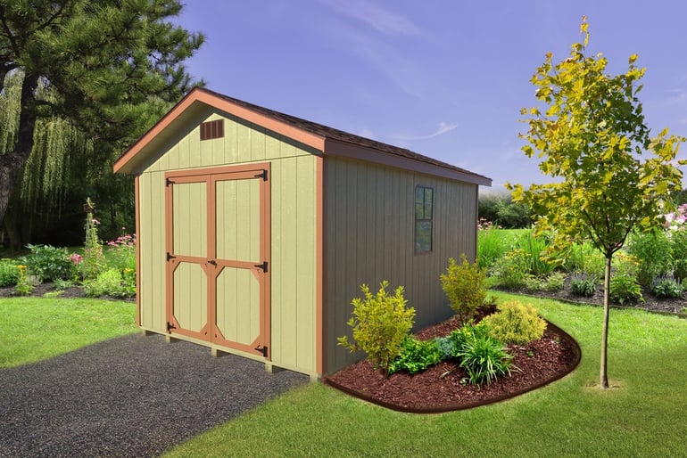 Shed landscaping idea: mulch with a few shrubs