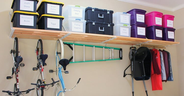 Hang DIY garage shelving systems—like those from RhinoShelf.com.