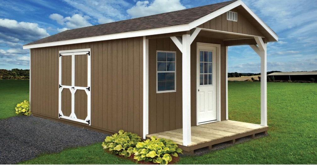 Ranch storage shed with porch